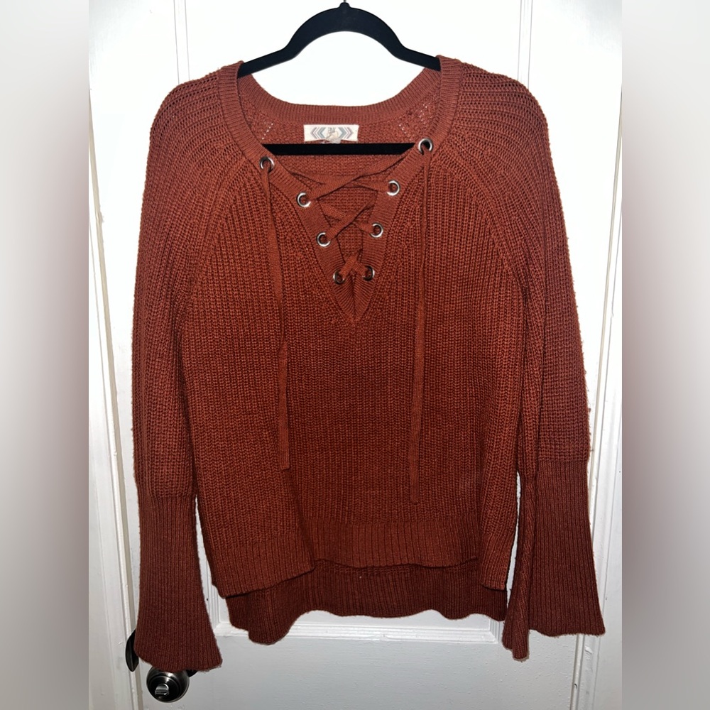 Pink Rose Orange/Brown Lace-Tie Sweater. Fantastic condition, size Large